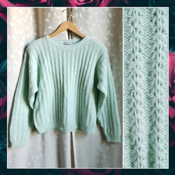 Vintage Sweaters - Vintage 80s Mint Pastel Pointelle Knit Sweater